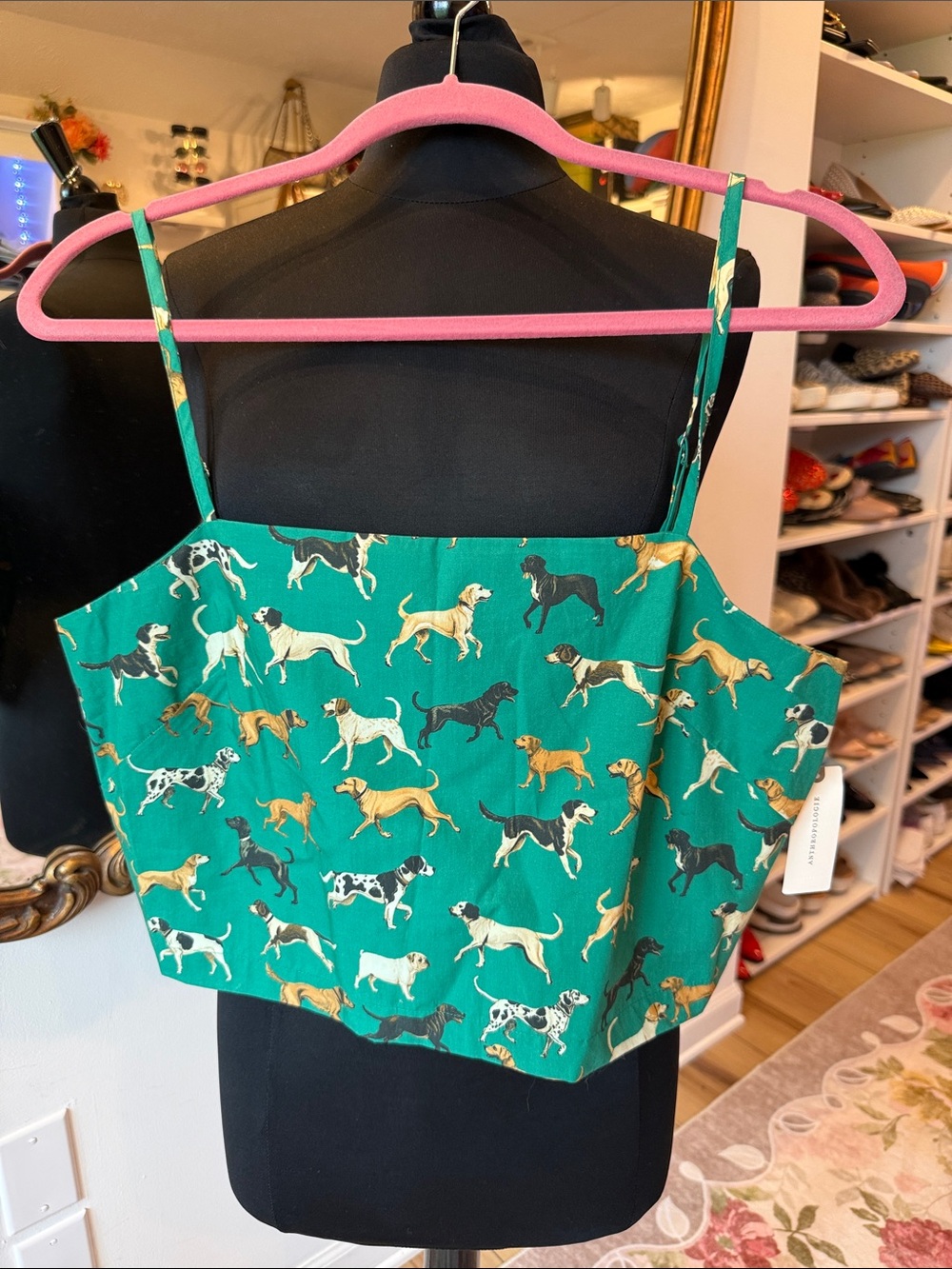 Anthropologie Green Dog-Print Crop Tank Top